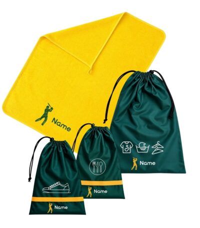 Custom School Set Cricket featuring a yellow towel and matching green personalised drawstring bags with cricket designs.
