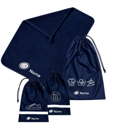 Custom School Set Rugby featuring a navy blue towel and matching personalised drawstring bags with rugby-themed designs.