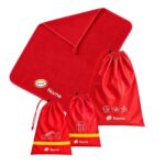 : Custom School Set Runner featuring a navy towel and three matching drawstring bags with personalised names and sporty running-themed designs