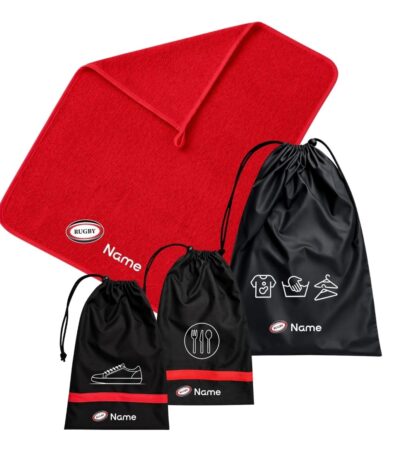 Custom School Set • Rugby featuring a personalised red towel and matching black drawstring bags with rugby-themed designs, perfect for school sports and rugby practice.