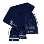 Custom School Set Netball 2 featuring a navy blue towel and matching personalised drawstring bags with netball-themed designs.