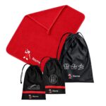 Custom School Set • Netball 2 in red and black, featuring a personalised red towel and matching black drawstring bags with netball-themed designs.