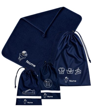 Custom School Set Netball 1 featuring a navy blue towel and matching personalised drawstring bags with netball-themed designs.