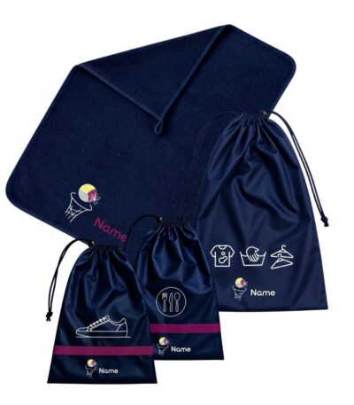 Custom personalised school cricket set with cricket towel, drawstring bag and matching accessories for kids.