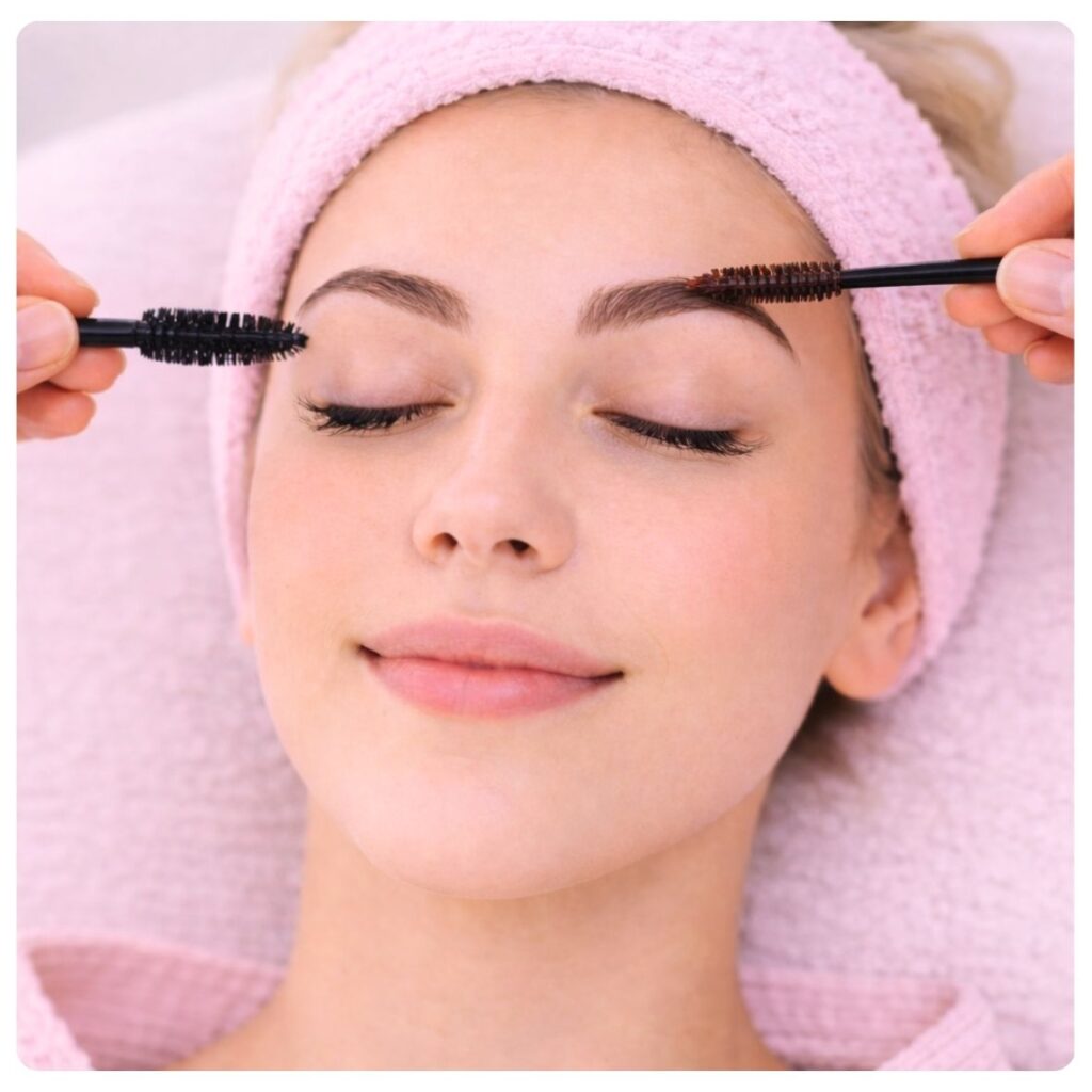 Tint Brows & Lashes treatment at The Cupcake Lounge, showing a beauty therapist applying tint to a client's eyebrows and eyelashes for a more defined, polished look.