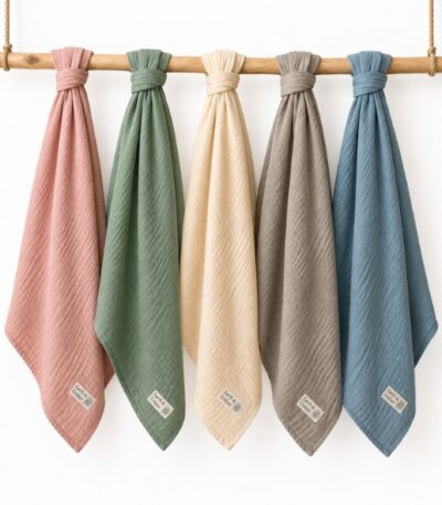 Baby muslin swaddle blankets made from 100% cotton in different colours