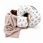 Blue Rainbow nursing set with nursing pillow, burp cloth and cotton muslin swaddle blanket