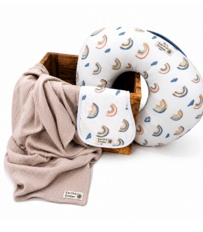 Blue Rainbow nursing set with nursing pillow, burp cloth and cotton muslin swaddle blanket