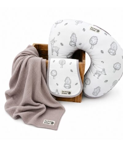 Forest Friends nursing set with nursing pillow, burp cloth and cotton muslin swaddle blanket