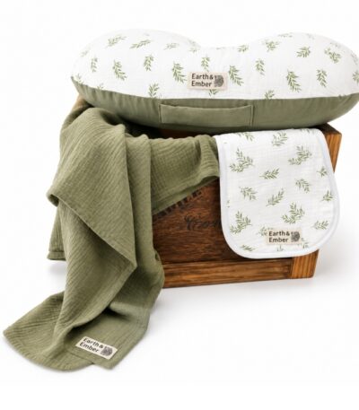 Olive Leaves nursing set with nursing pillow, burp cloth and muslin swaddle blanket