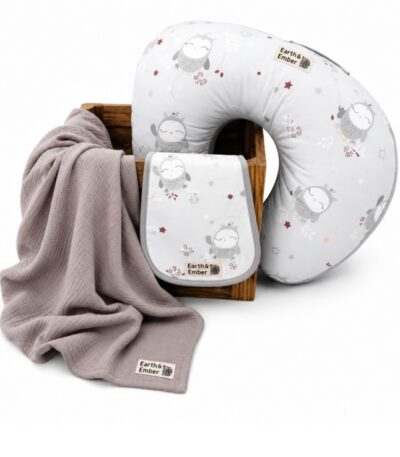 Owl baby nursing set with nursing pillow, burp cloth and muslin swaddle blanket