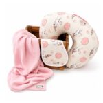 Pink Teddy baby nursing set with nursing pillow, burp cloth and muslin swaddle blanket