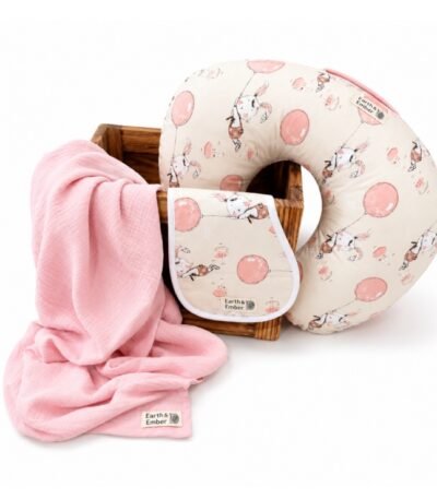 Pink Teddy baby nursing set with nursing pillow, burp cloth and muslin swaddle blanket